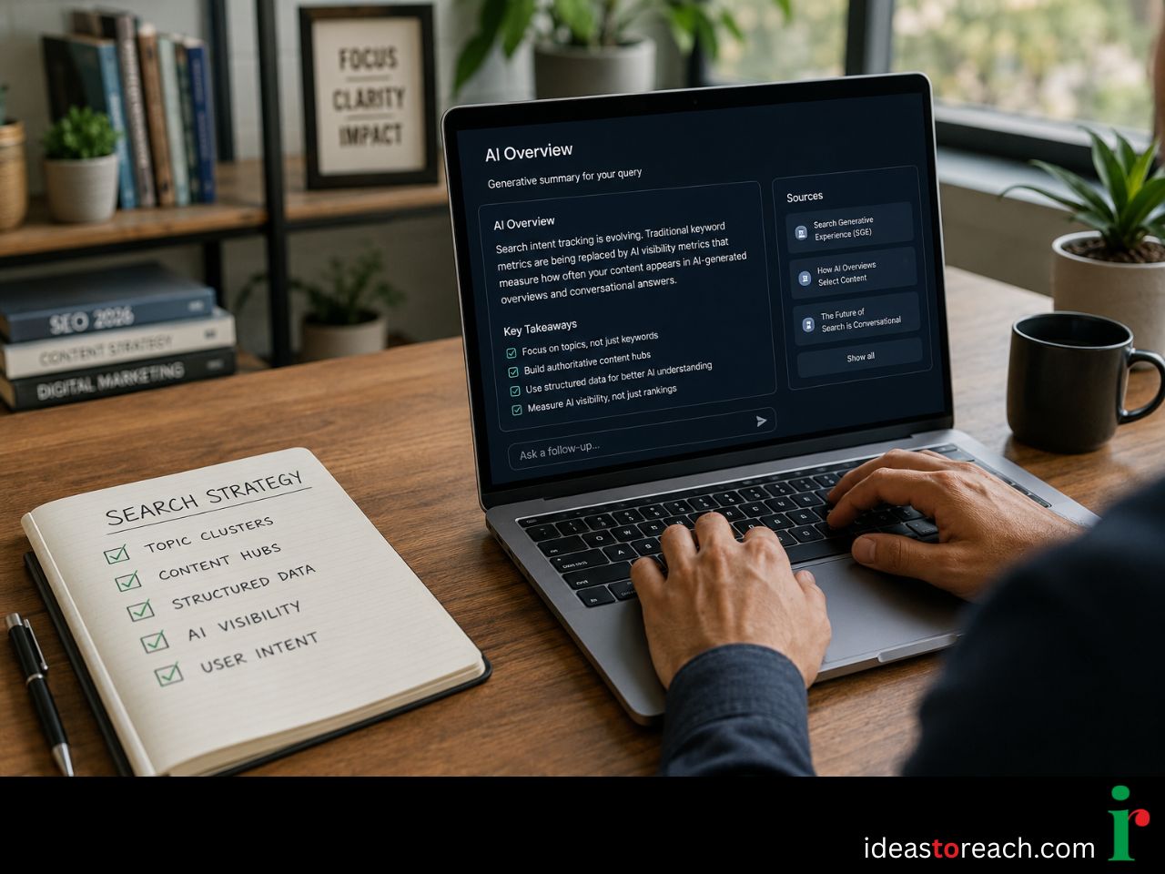 AI Overview optimization and search intent tracking strategy displayed on a laptop screen, showing content hubs, topic clusters, structured data, and AI visibility metrics for modern SEO and digital marketing.