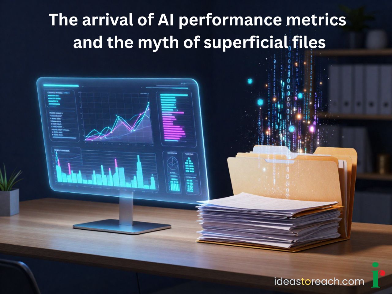  An advanced AI performance metrics dashboard next to web indexation files representing technical visibility audits for Google and Bing.  