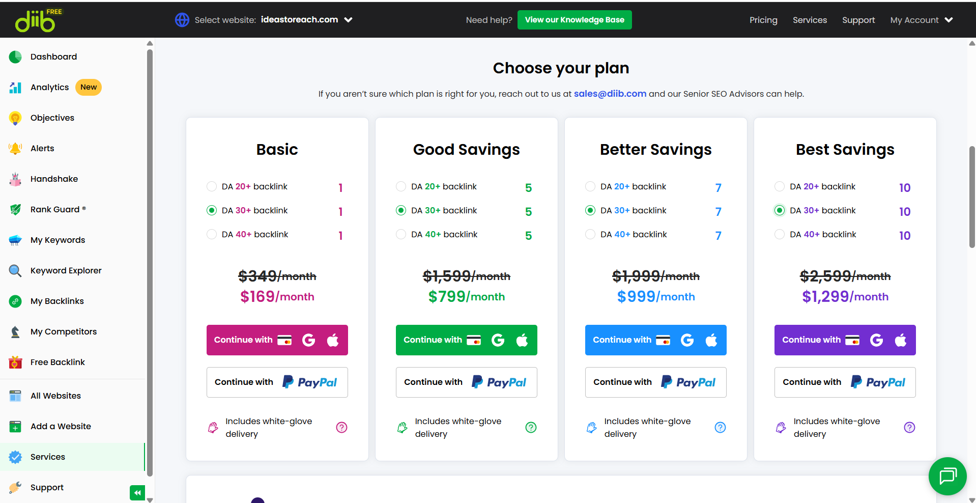 Monthly backlinks cost comparison for standard SEO packages.