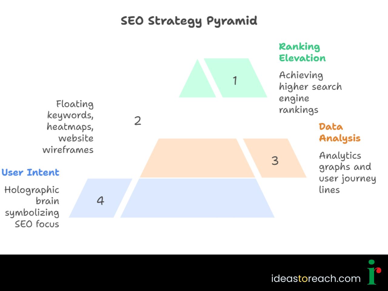 SEO strategy pyramid chart showing layers from ranking elevation to keyword intent, user intent, and data analysis.