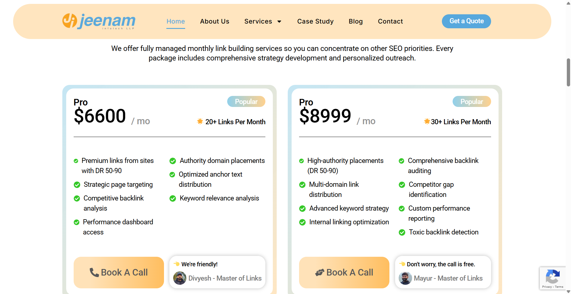 Charges for link building services showing premium agency rates.