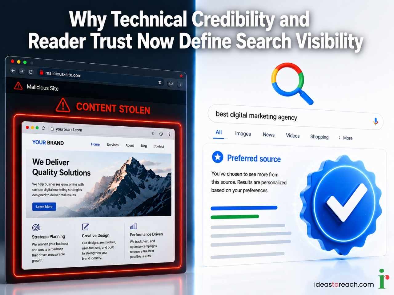 Split image showing content theft risk on the left and preferred source badge on the right, defining search visibility.  