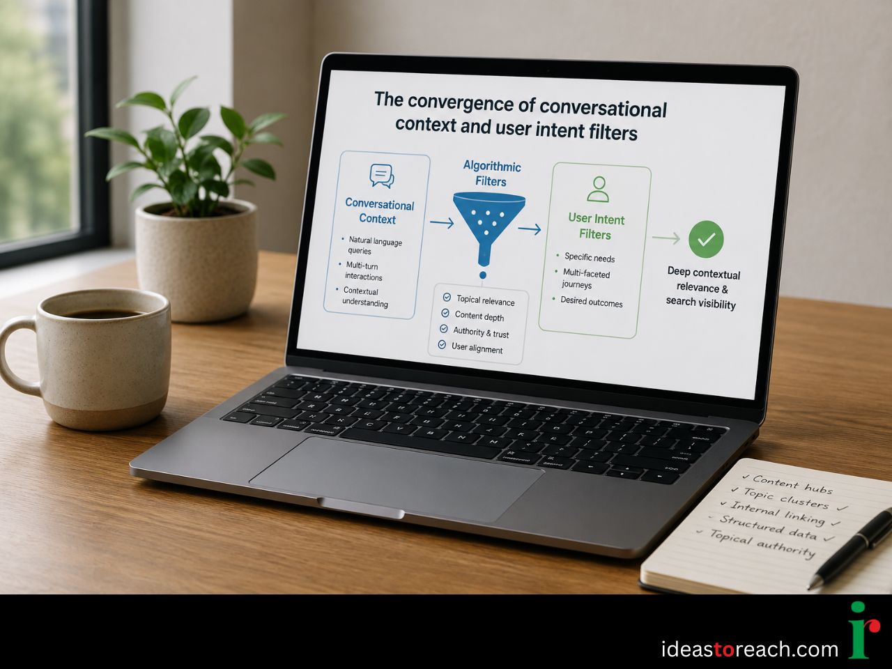 Laptop displaying conversational context and user intent SEO strategy for topical authority and content hubs