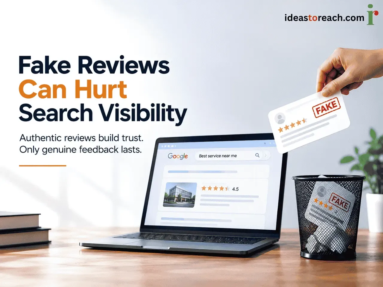 Laptop displaying online reviews with fake review cards being discarded into a dustbin