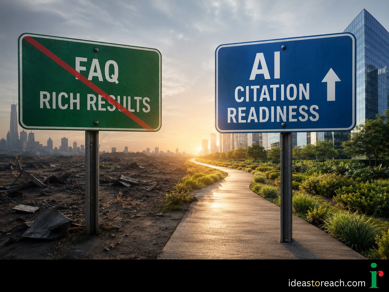 A split road sign showing the deprecation of Google FAQ rich results on a green sign and the shift toward AI citation readiness on a blue sign