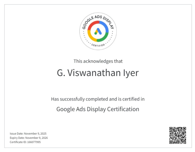 Google Ads Display Certification issued to G. Viswanathan Iyer, valid until November 9, 2026 – Certified Google Partner in Chennai, India