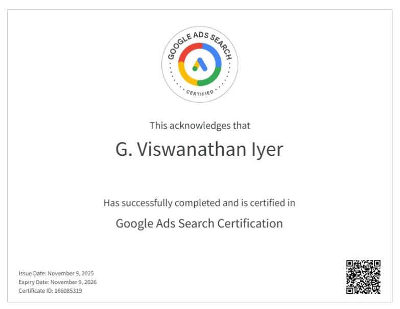 Google Ads Search Certification issued to G. Viswanathan Iyer, valid until November 9, 2026 – 100% score, Google Partner Agency Chennai