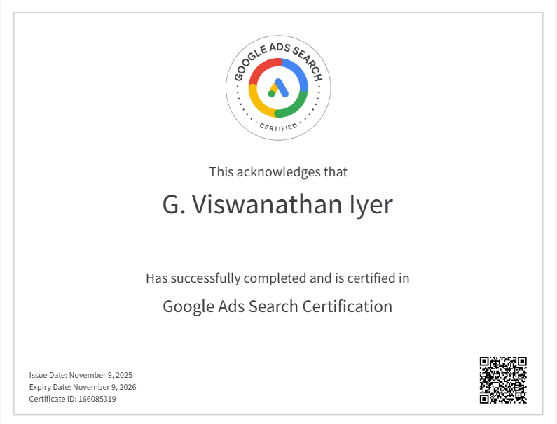 Google Ads Search Certification awarded to G. Viswanathan Iyer