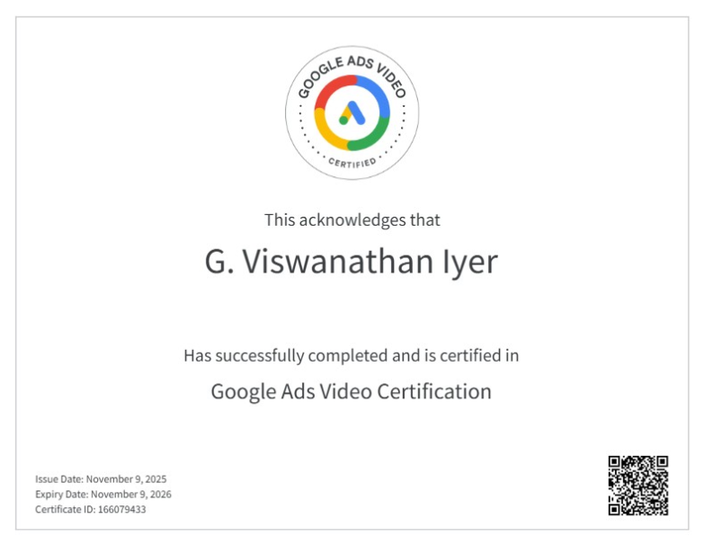 Google Ads Video Certification issued to G. Viswanathan Iyer, valid until November 9, 2026 – Certified Expert at Google Partner Agency Chennai