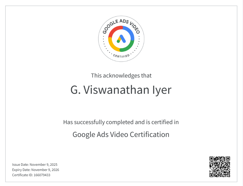 Google Ads Video Certification awarded to G. Viswanathan Iyer