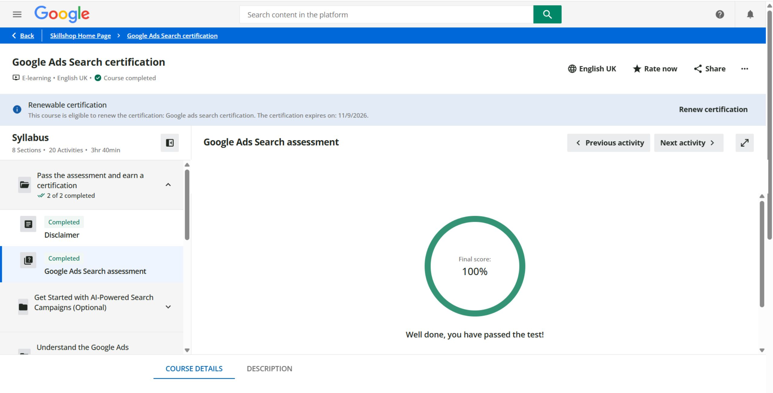 G. Viswanathan Iyer – Google Ads Search Certification Assessment 100 percent score, valid until November 9, 2026, verified by Google Skillshop