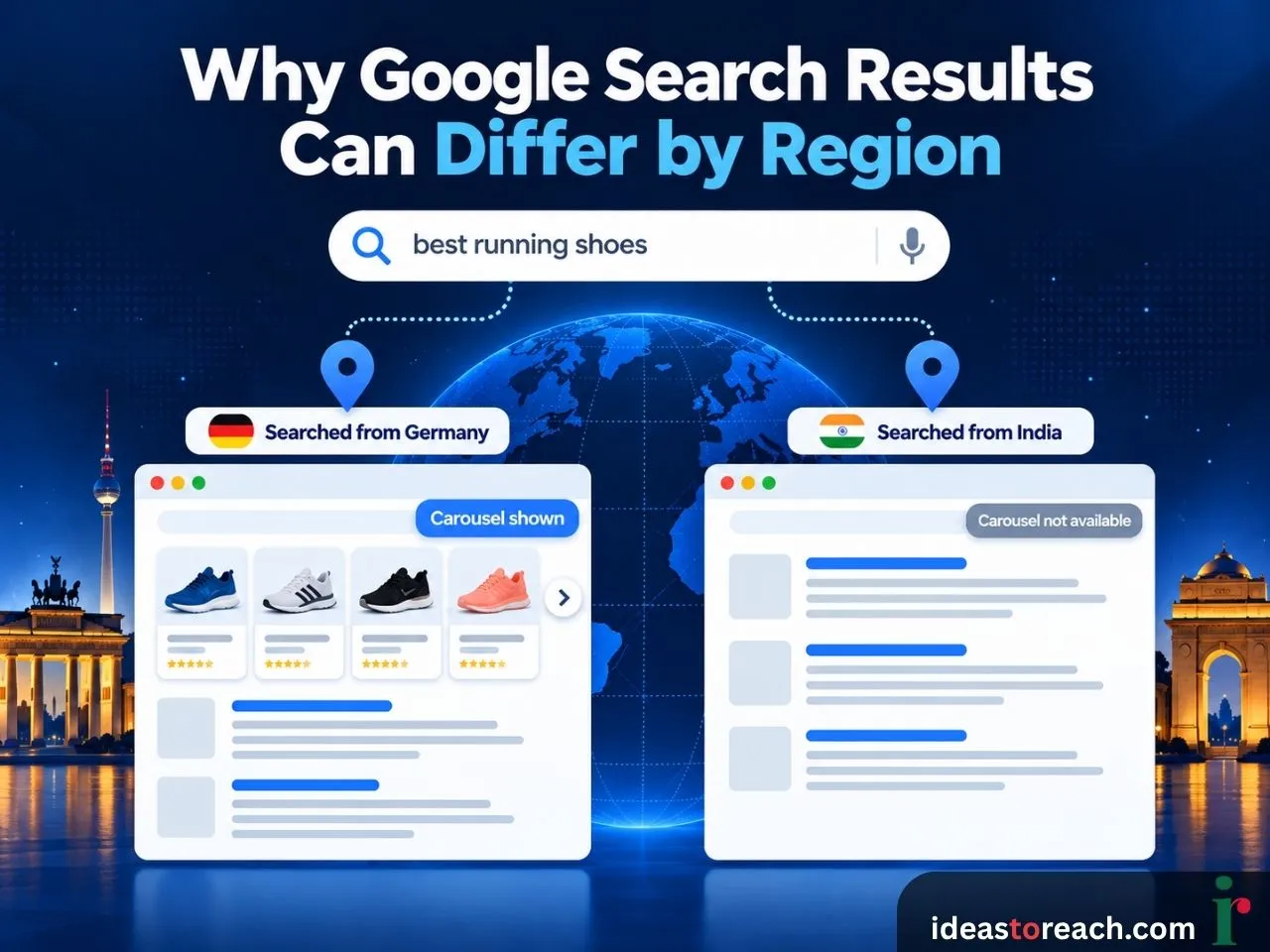 Illustration showing different Google Search results in Germany and India for the same query