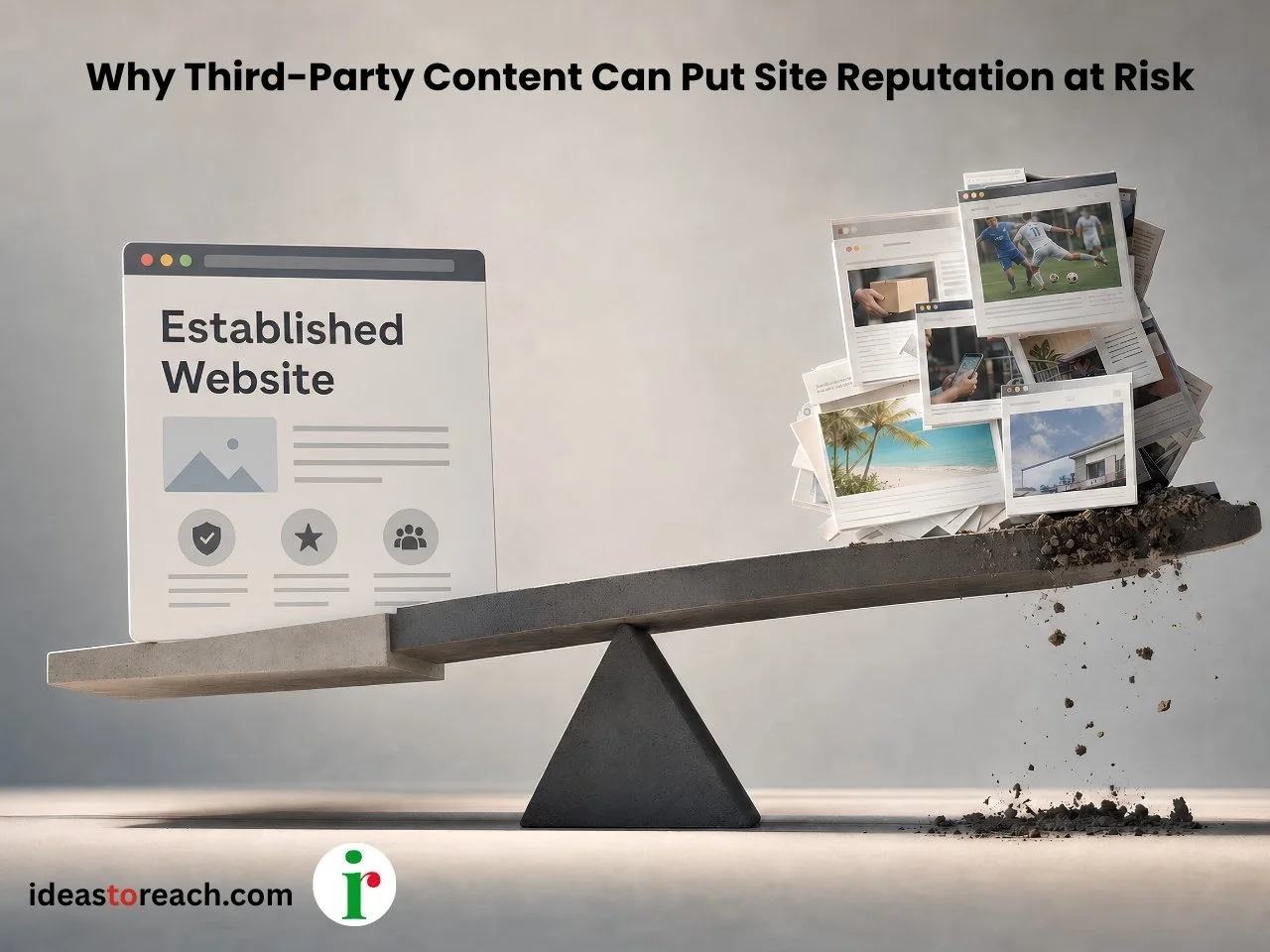 A balance scale shows an established website weighed against third-party web pages, highlighting reputation risk.