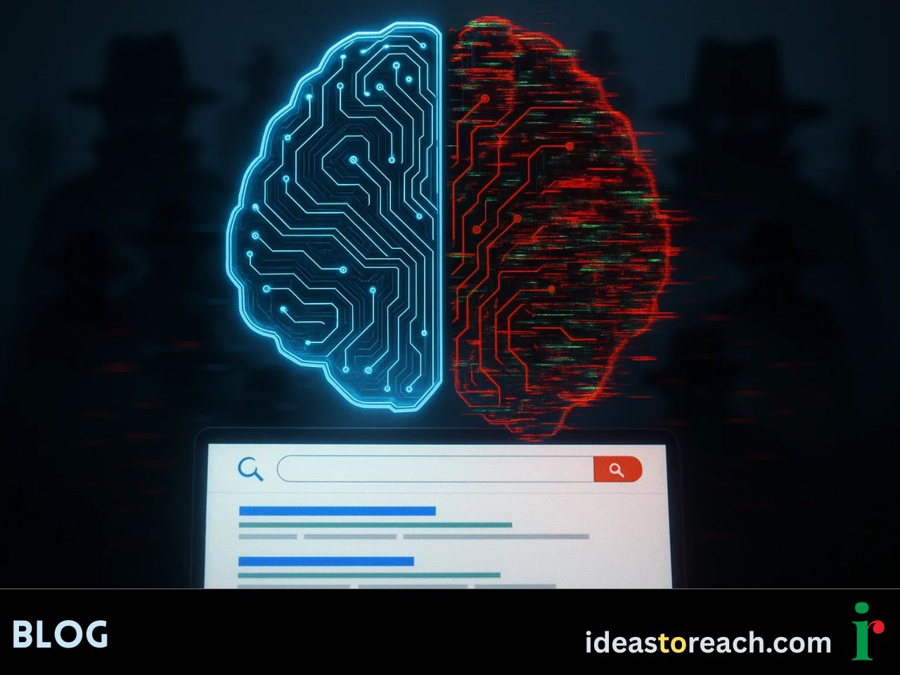 Digital brain showing clean and corrupted data streams, with SEO graphs and shadowy figures symbolizing black hat AI poisoning attacks.