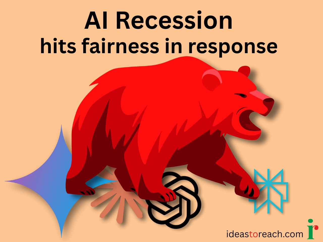 AI recession hits fairness in AI responses, red bear market symbol trampling on AI company logos