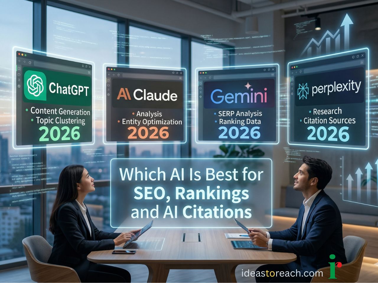Comparison of ChatGPT, Claude, Gemini, and Perplexity AI for SEO rankings and AI citations in 2026, featuring digital data displays in a modern office.