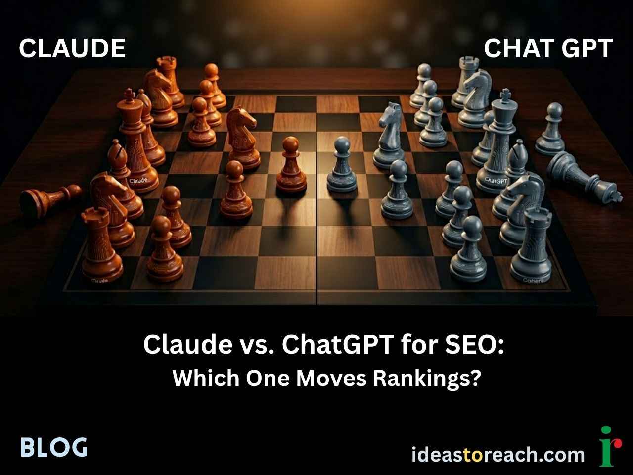 Claude vs ChatGPT SEO battle, chess board showdown competing for Google's top ranking.
