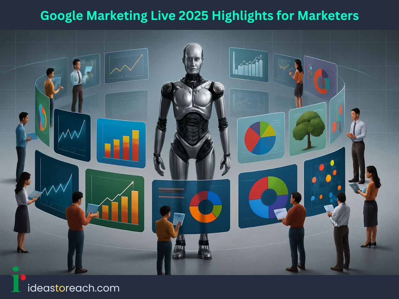 Marketers analyzing AI driven charts and analytics from Google Marketing Live 2025, featured on IdeasToReach.