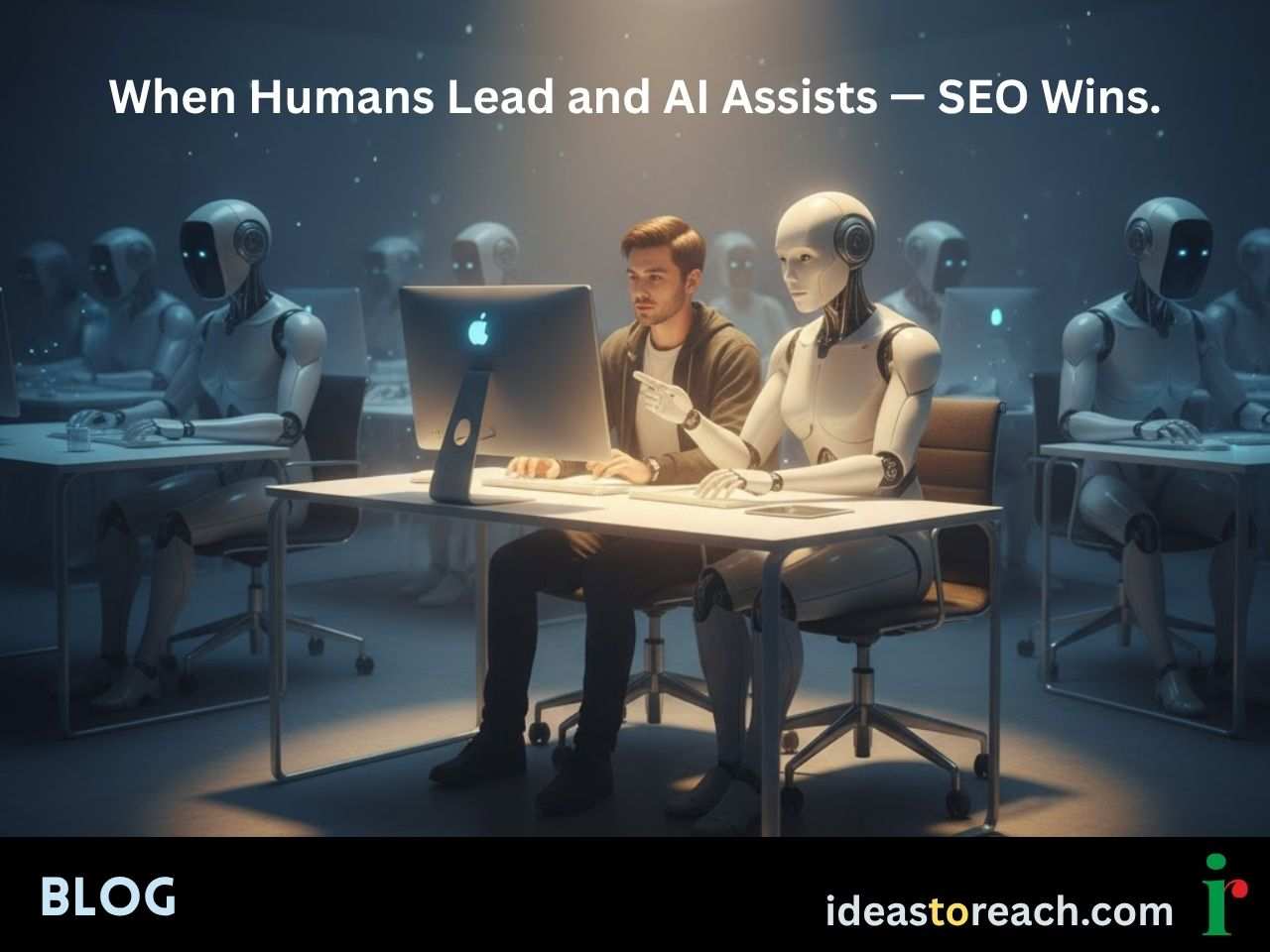 A human and an AI robot working together under a spotlight in a room of robots, symbolizing the power of human-led, AI-assisted SEO content creation.