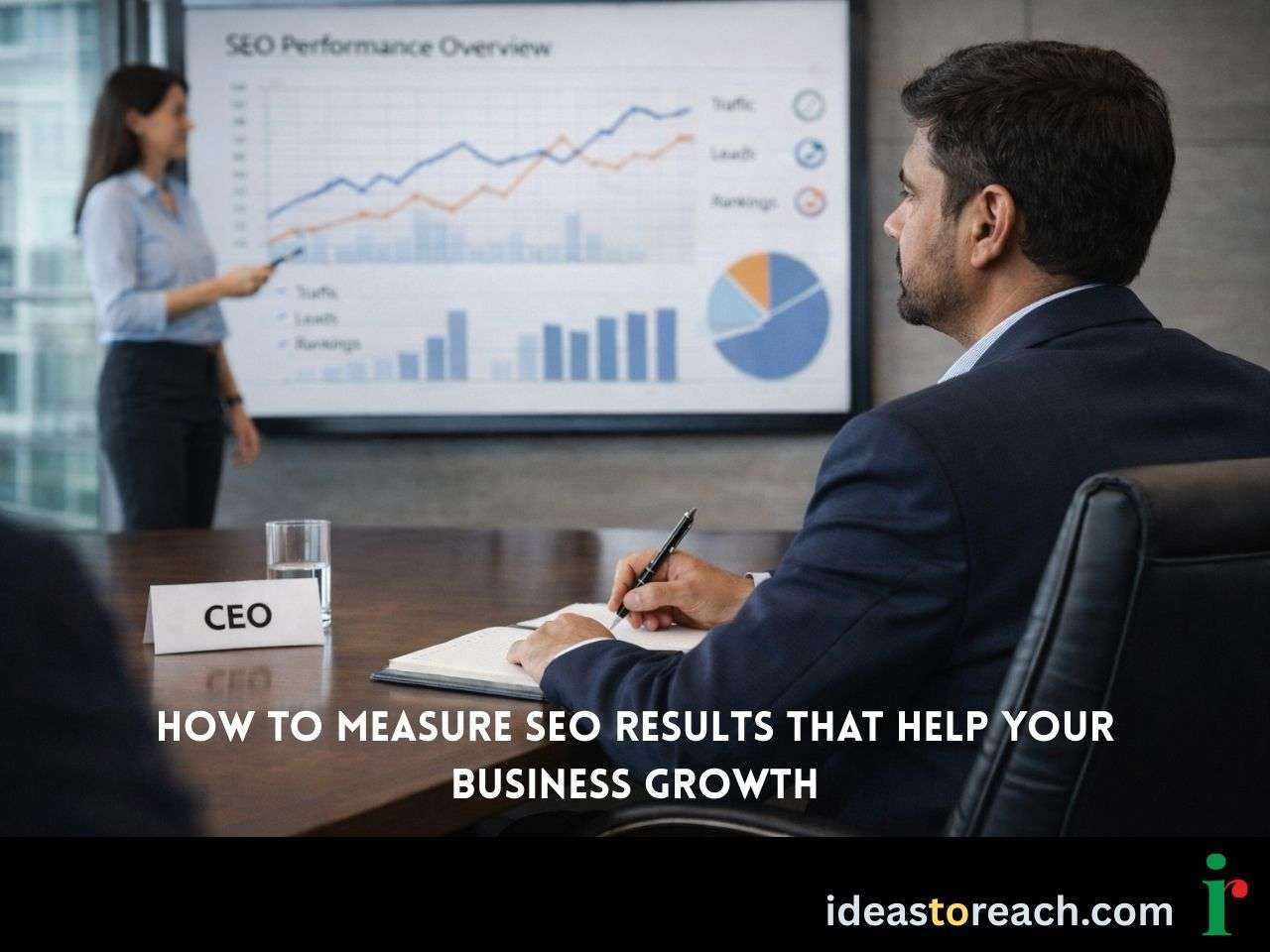Business owner reviewing SEO performance report and website analytics to measure SEO results and growth.