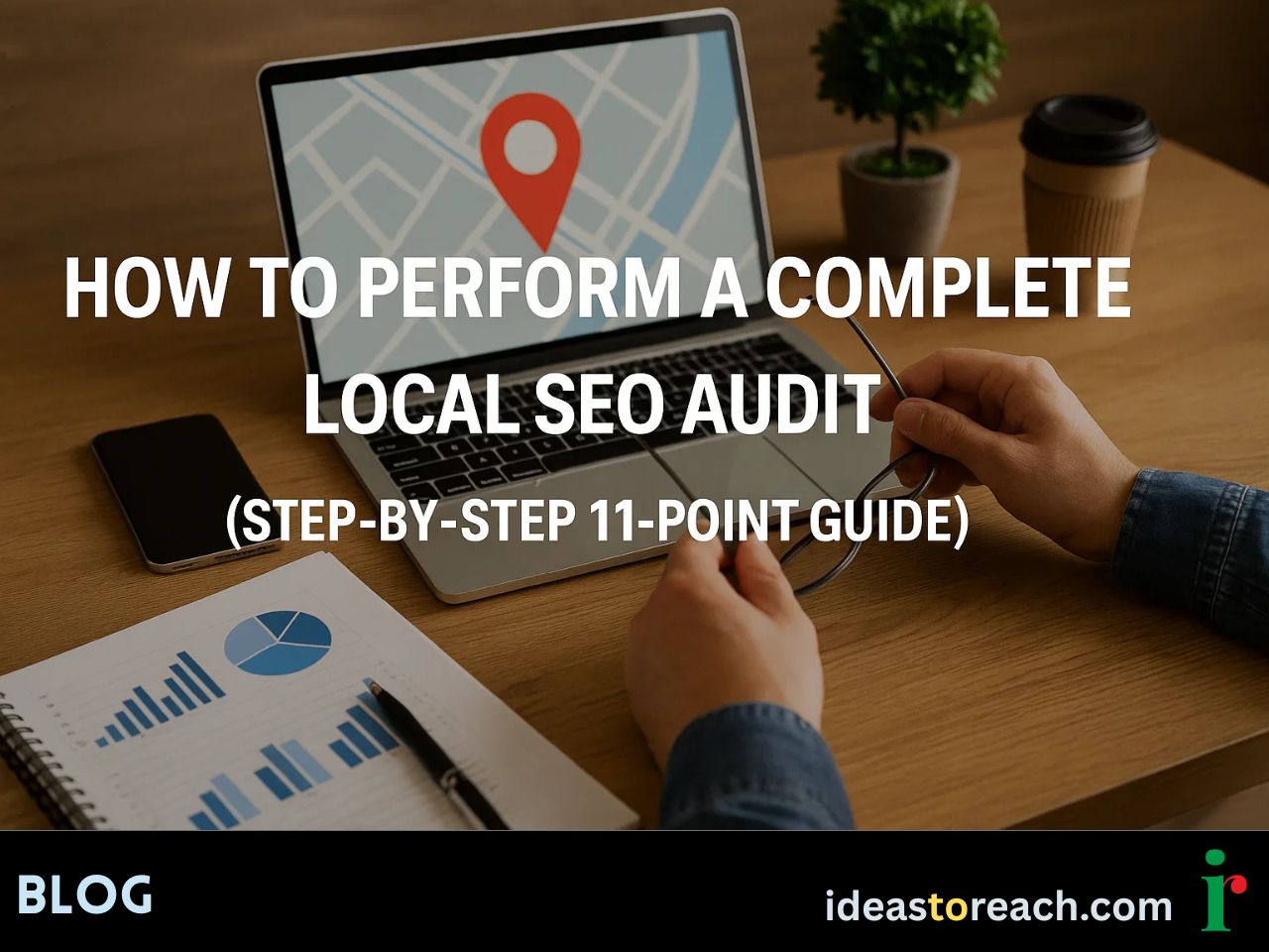 A realistic image showing an online specialist analyzing a local SEO audit checklist on a laptop with Google Maps and an analytics dashboard.
