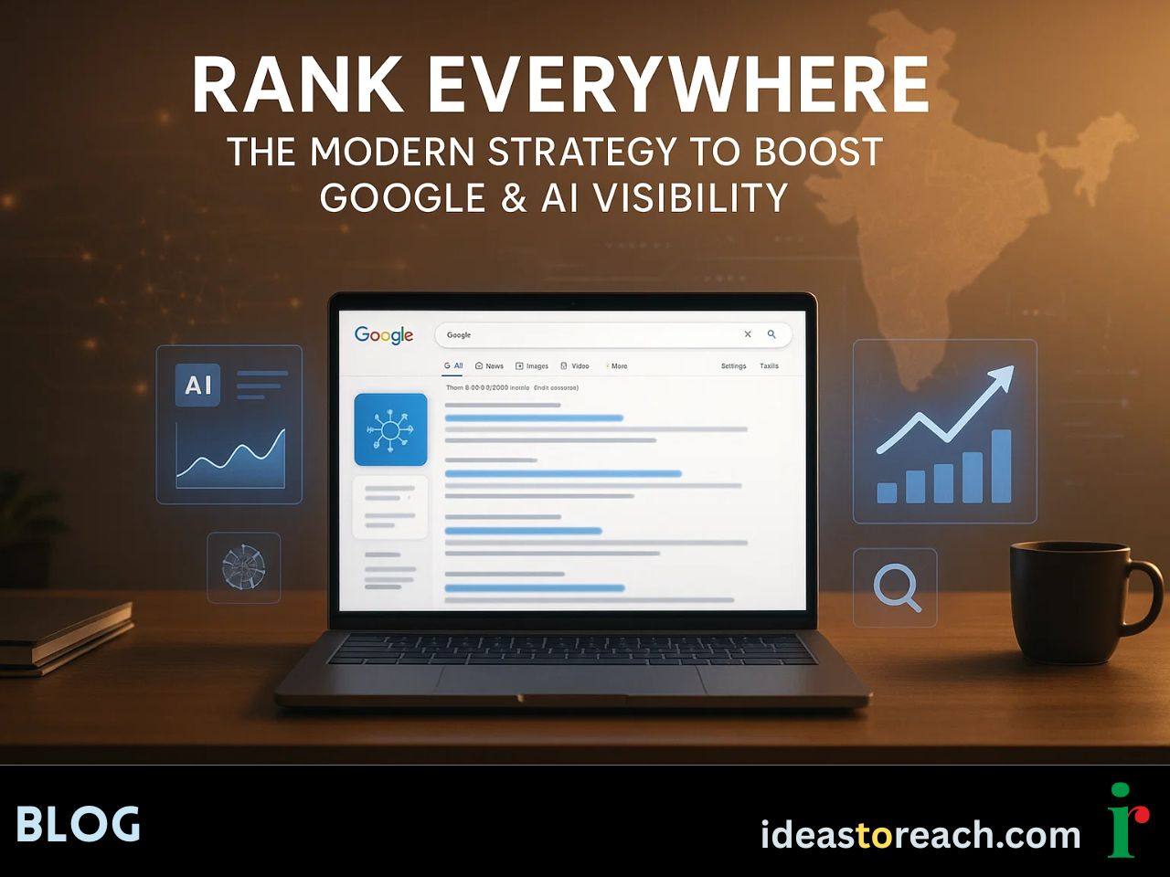 A tech workspace with a laptop showing Google search, AI analytics and glowing UI panels for modern Google & AI visibility.
