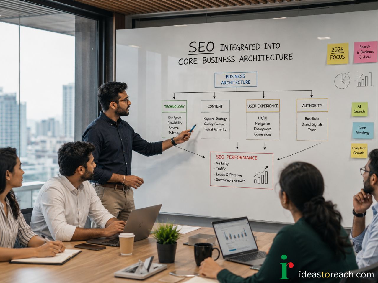 A professional business meeting in Chennai where a strategist presents a whiteboard diagram of SEO integrated into core business architecture, showing the pillars of Technology, Content, User Experience and Authority for 2026.
