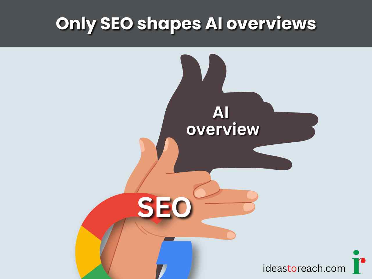 Illustration of a hand in Google's brand colors casting a shadow puppet labeled AI overview, representing how SEO shapes what appears inside AI Overviews