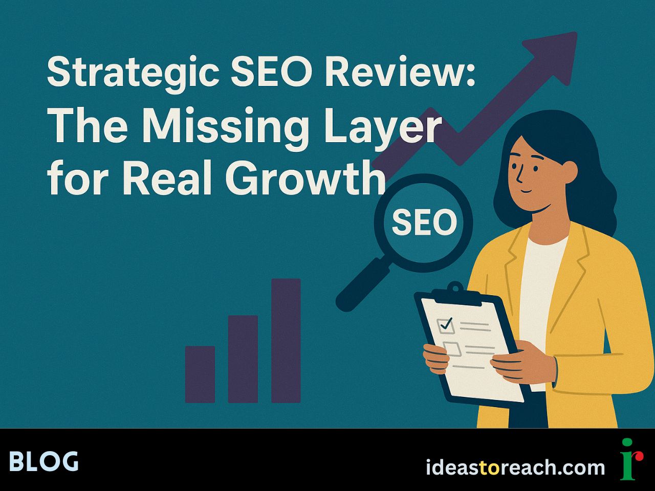 A digital cover illustration showing marketers analyzing SEO data and growth charts, symbolizing a strategic SEO review process.