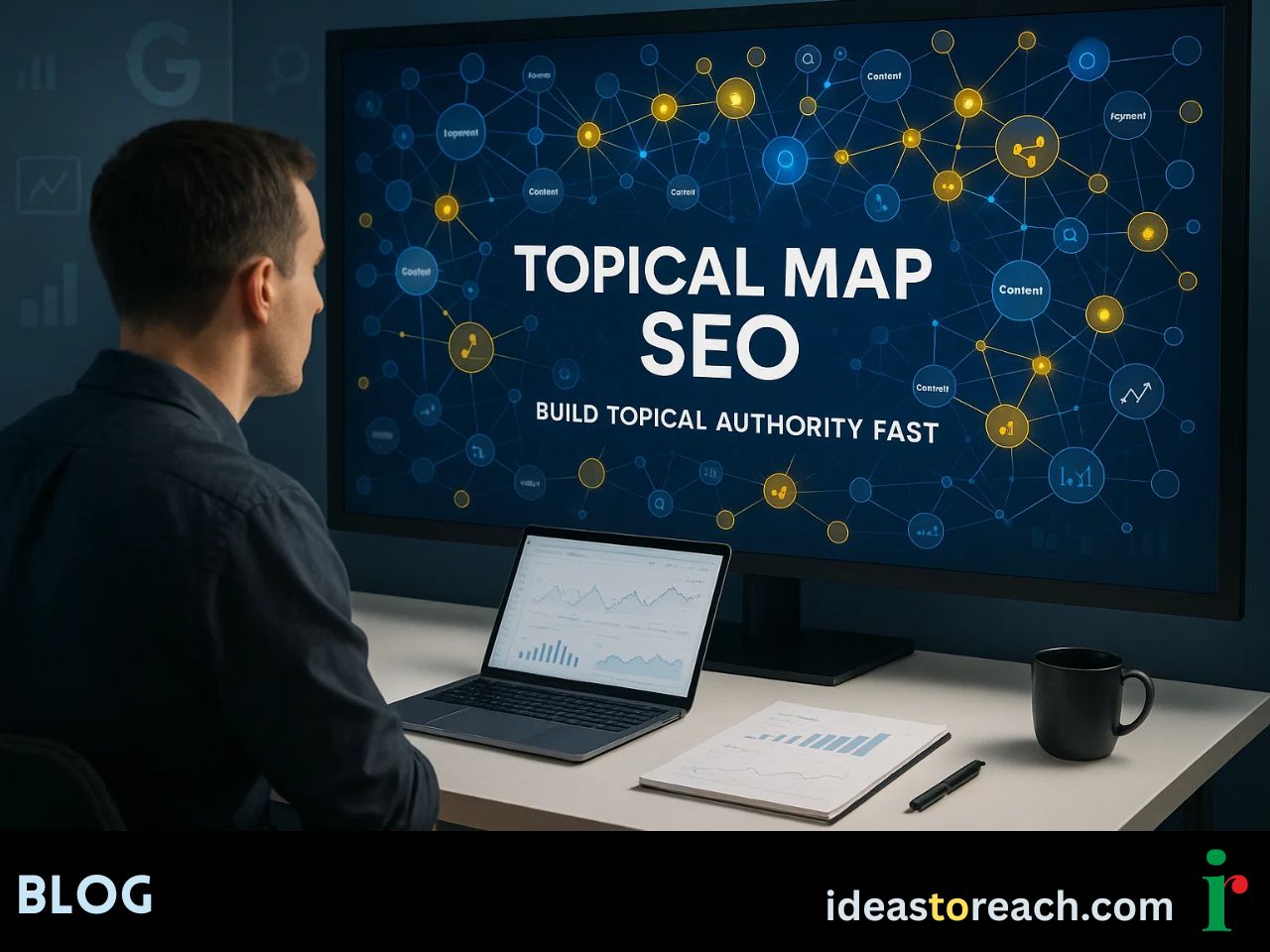 A digital workspace showing an SEO expert analysing keyword clusters and topical map connections on screen.