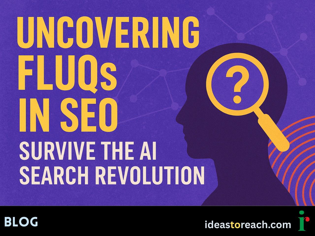 Illustration showing a human head with a magnifying glass highlighting a question mark, symbolizing hidden SEO questions in AI search.