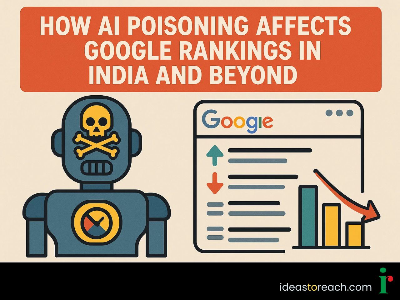 Illustration showing AI poisoning impact on Google search rankings with robot icon and ranking drop chart
