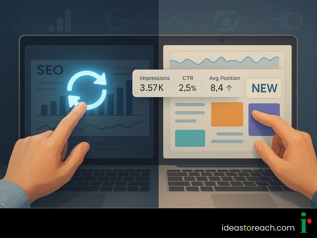 A picture showing an expert comparing data to choose between refreshing old pages or creating new content.