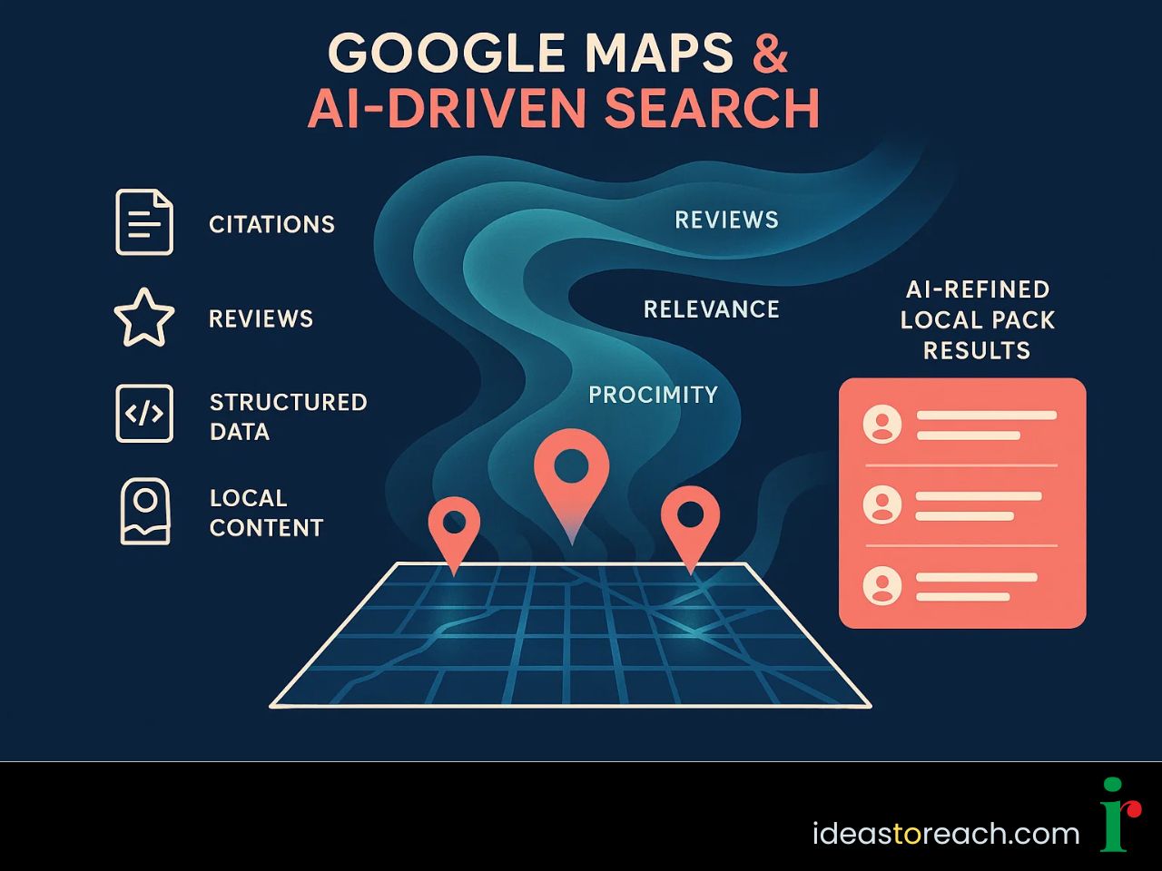 An infographic showing Google Maps, AI Mode, reviews, and structured data working together to boost local SEO rankings.