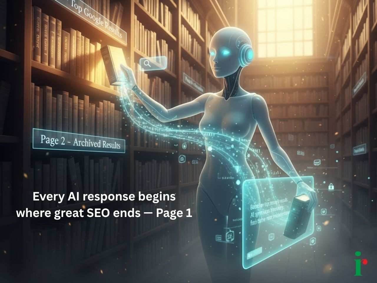 AI librarian pulling glowing books from Page 1 and 2 shelves while gray lower shelves fade, symbolizing retrieval from top results.