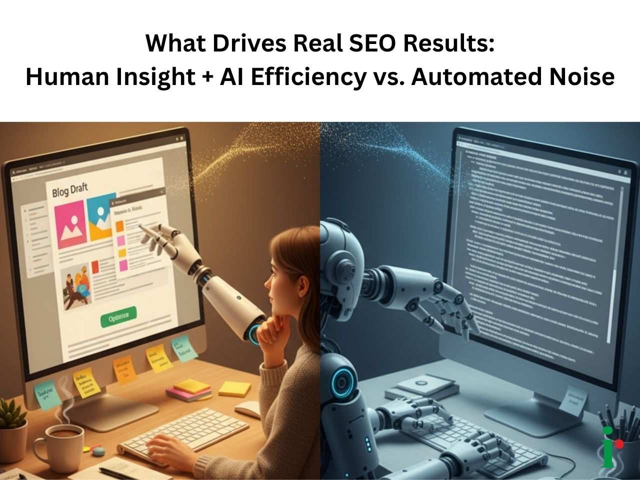 Human and AI working together on SEO content creation contrasted with automated text generation on the right.