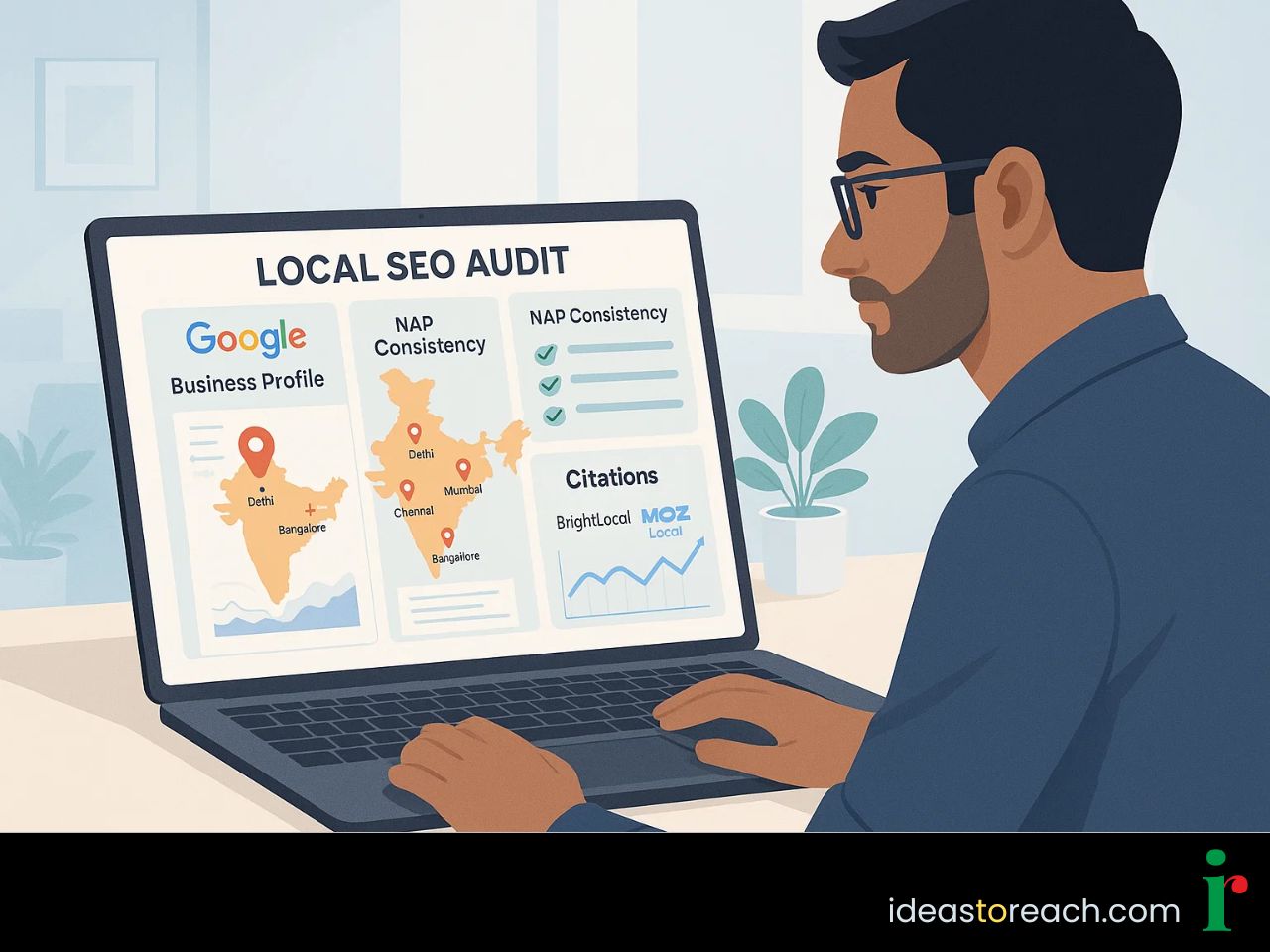 Illustration of a digital marketer analyzing Google Business Profile and NAP data during a local SEO audit process.