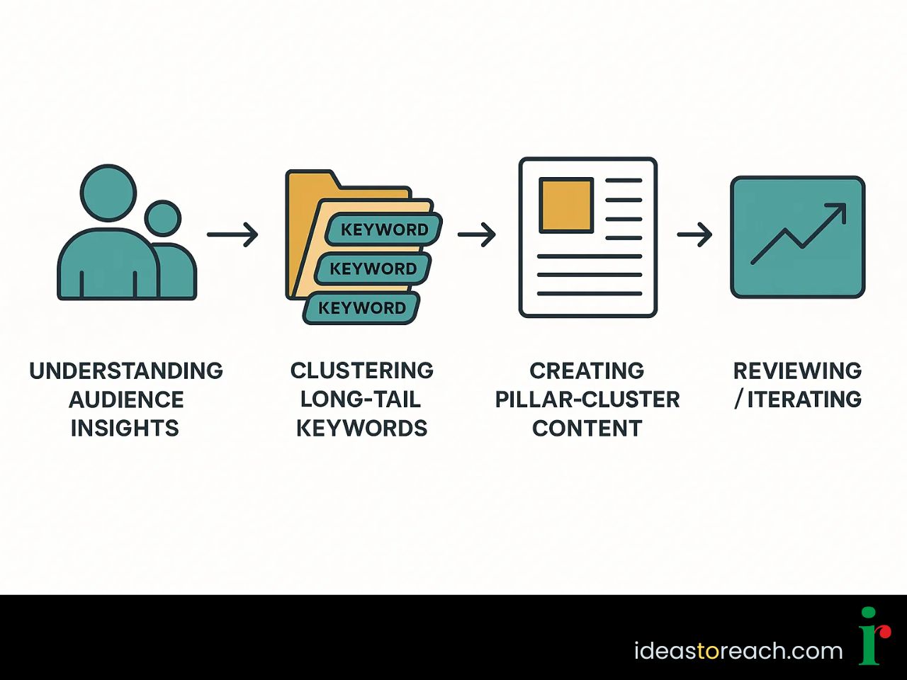 A workflow showing audience research, long-tail keyword clustering, pillar content creation, and iterative SEO review.