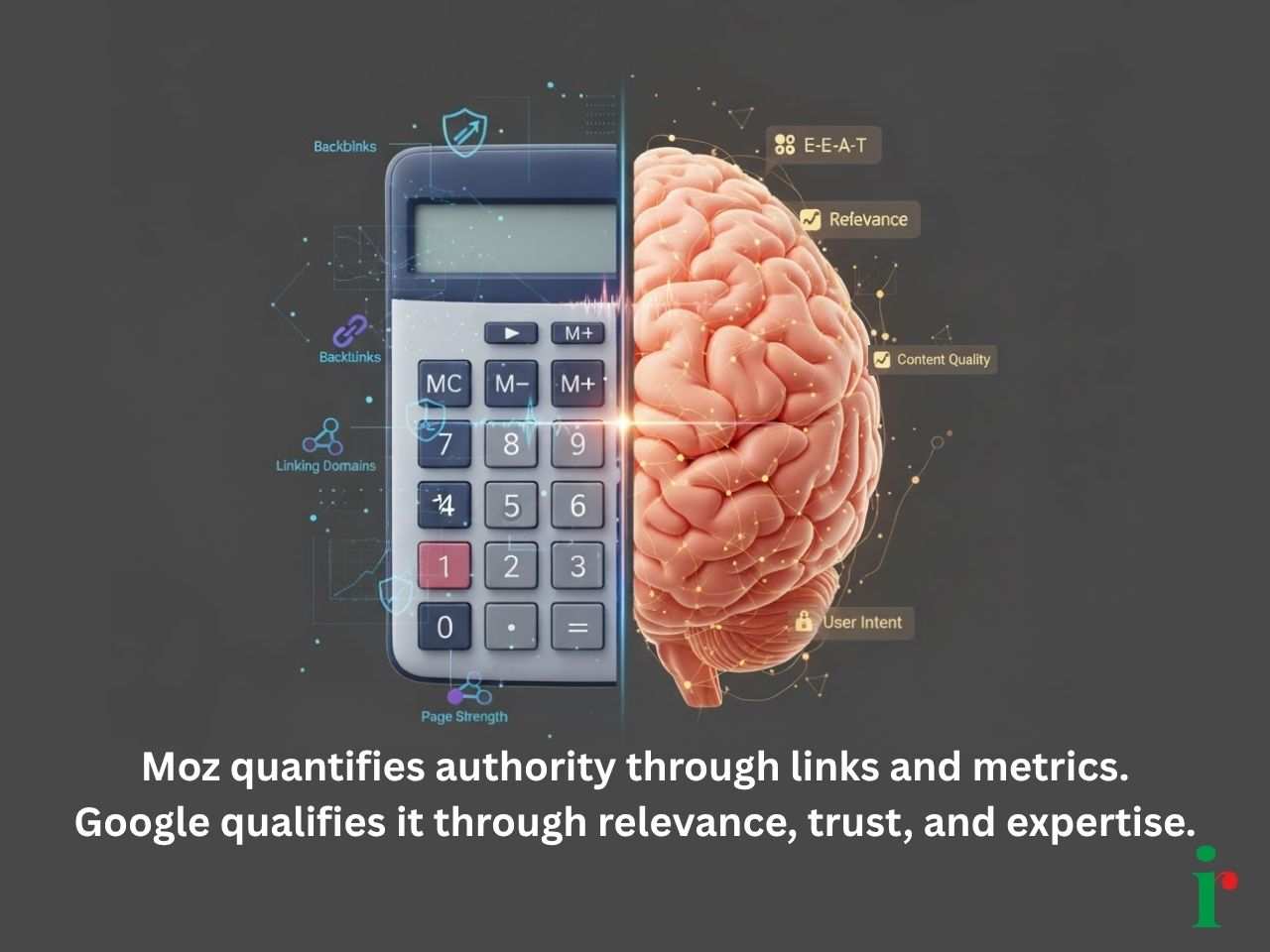 Visual showing Moz as the calculator measuring authority through data, and Google as the brain interpreting it through understanding.