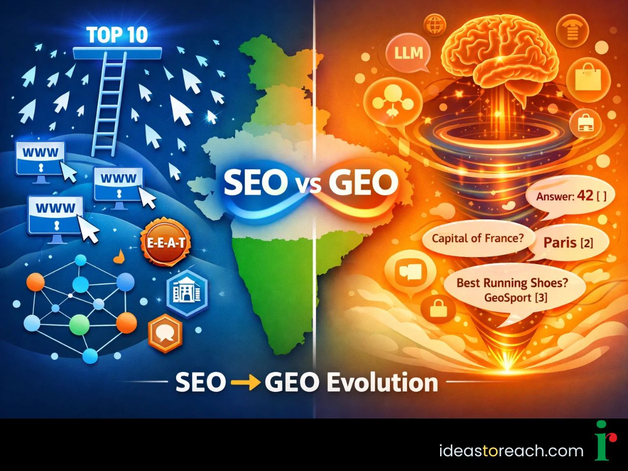 Split-screen illustration as Classic SEO ladder to top-10 clicks vs GEO neural AI absorbing content into zero-click citations. SEO-GEO blurs over India.